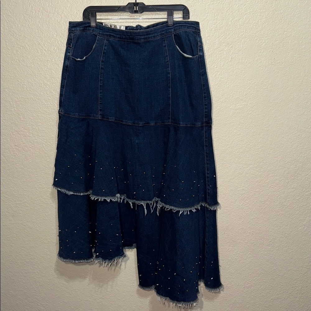 Donna Vinci Asymmetrical Denim Maxi Skirt XL Frayed Hem Statement Skirt